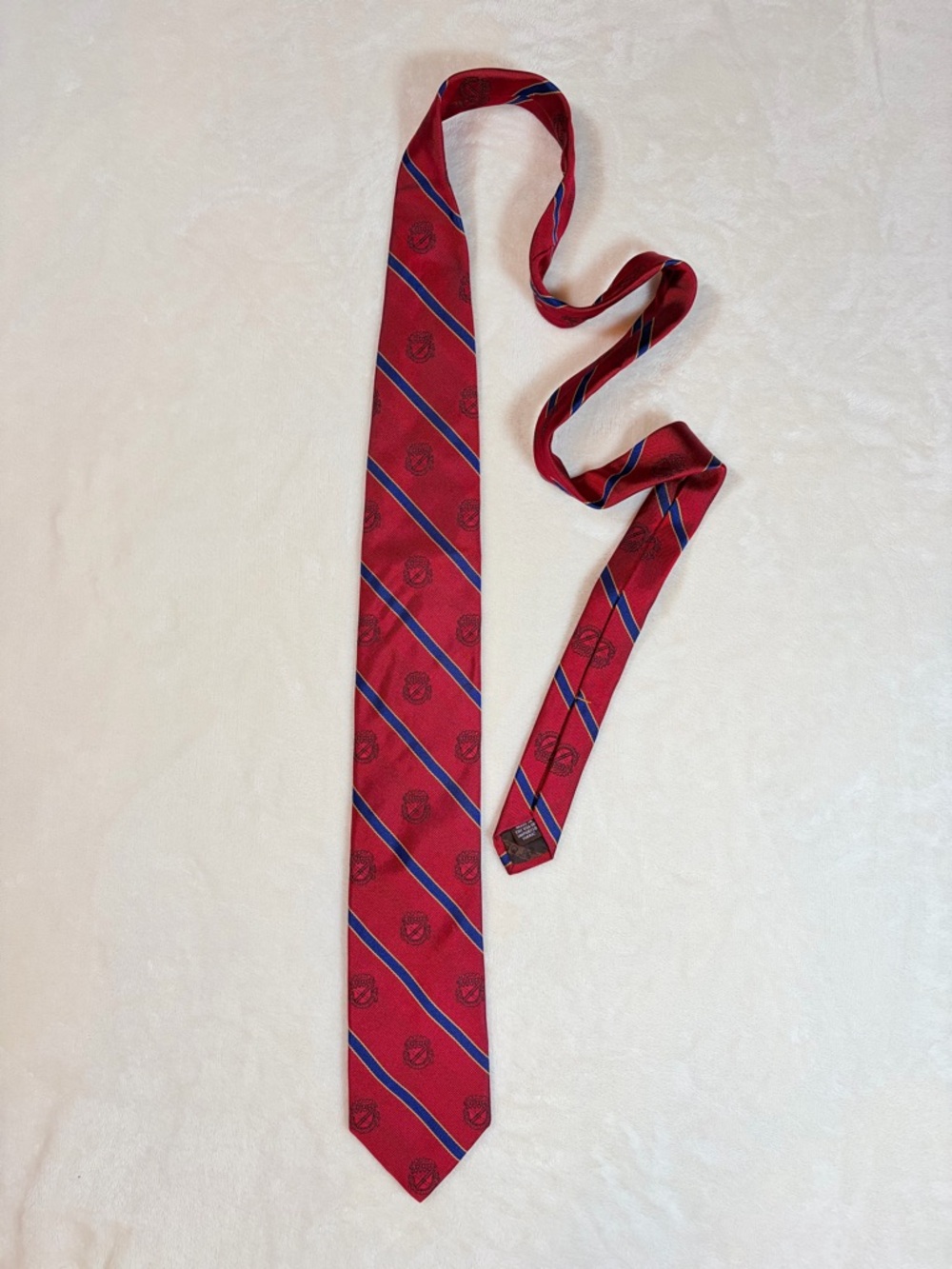 Robert Talbott Men's Striped Red Blue Yellow 100% Silk Tie with Heraldic Crest